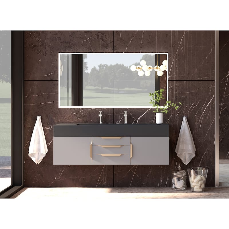 Nile 60" Wall Mounted Bathroom Vanity Set w/ Black Top