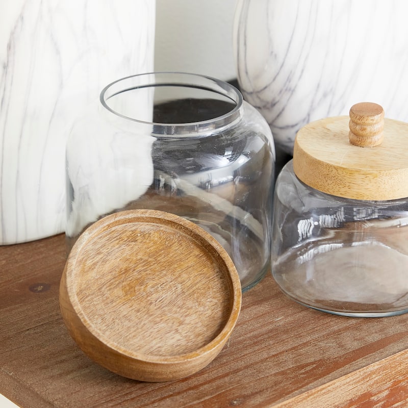 Glass Canisters with Wood Lids - Set of 2 Clear - Roche River Decor - 5"W x 5"L x 6"H