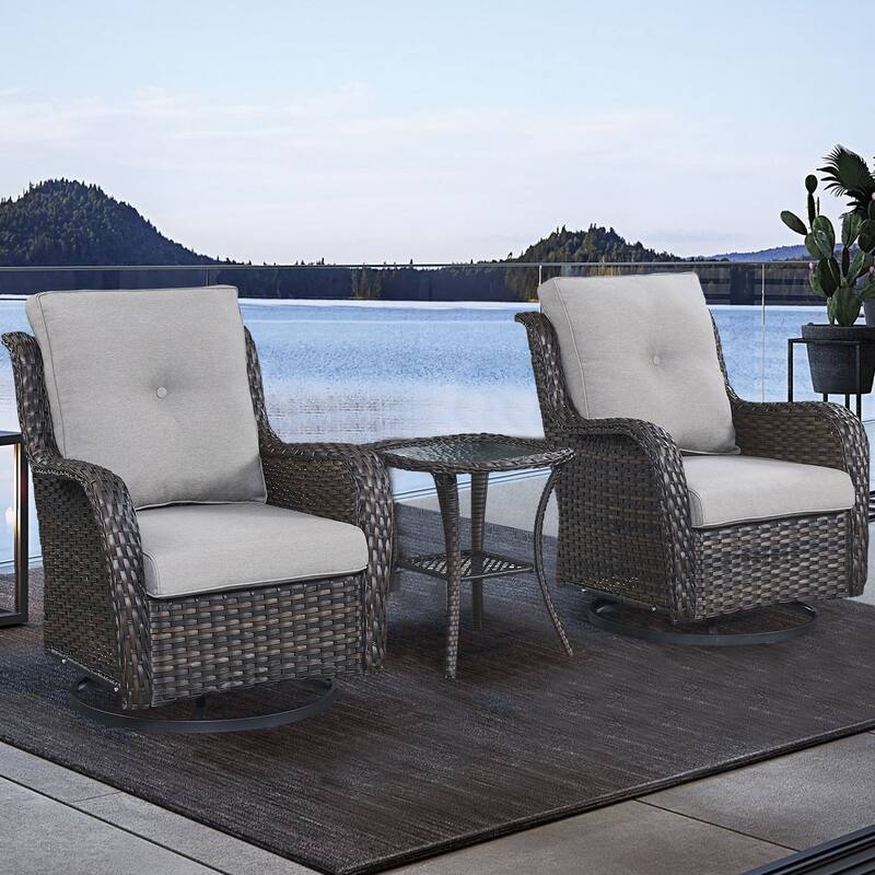 Pocassy 3-Piece Outdoor Swivel Bistro Set, Wicker Rocking Chairs