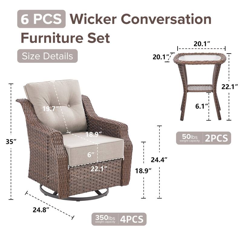 Gymojoy 6-Piece Wicker Patio Swivel Glider Chairs Set, 6-Inch Ultra Thick Cushioned