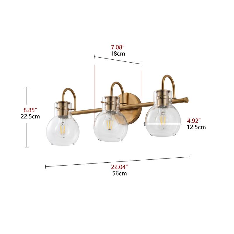 Modern Gold 3-Light Vanity Light with Clear Glass Shades for Bathroom