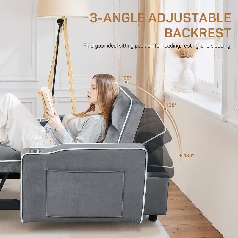 37 in. W 3-in-1 Convertible Chair Bed Suede Pull Out Twin Size Sofa Bed with USB Ports, Cup & Phone Holder