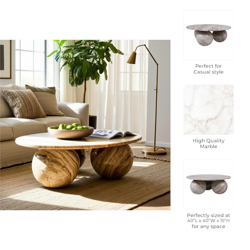 Marble Coffee Table Modern Round Sculptural Sphere Feet - 15" Brown - 40.0"