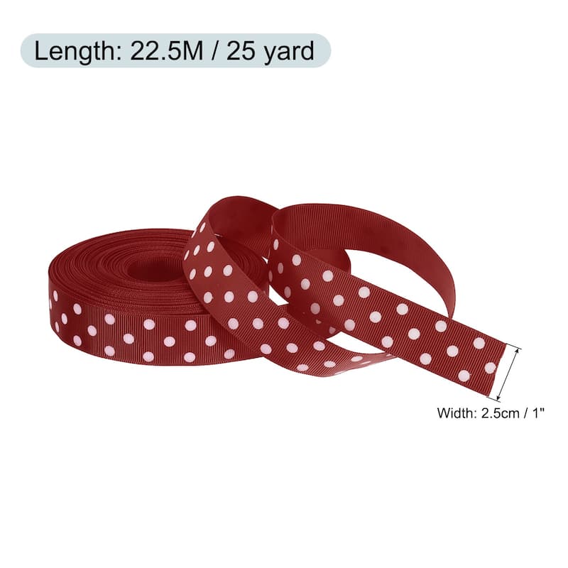 Grosgrain Ribbons 25 Yards 1 Inch w White Dots Ribbon Bow Decoration - Wine Red