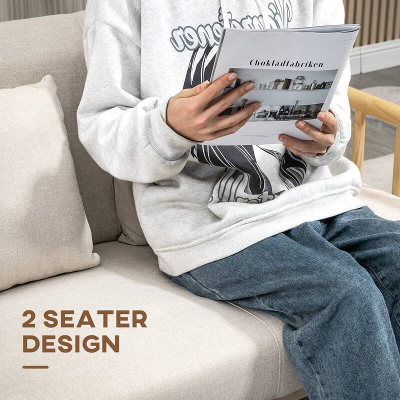 Beige Two Seater Sofa with Linen Feel Polyester Fabric Rubberwood Frame Cushions and Pillows - 48.5" W x 27.25" D x 29.25" H
