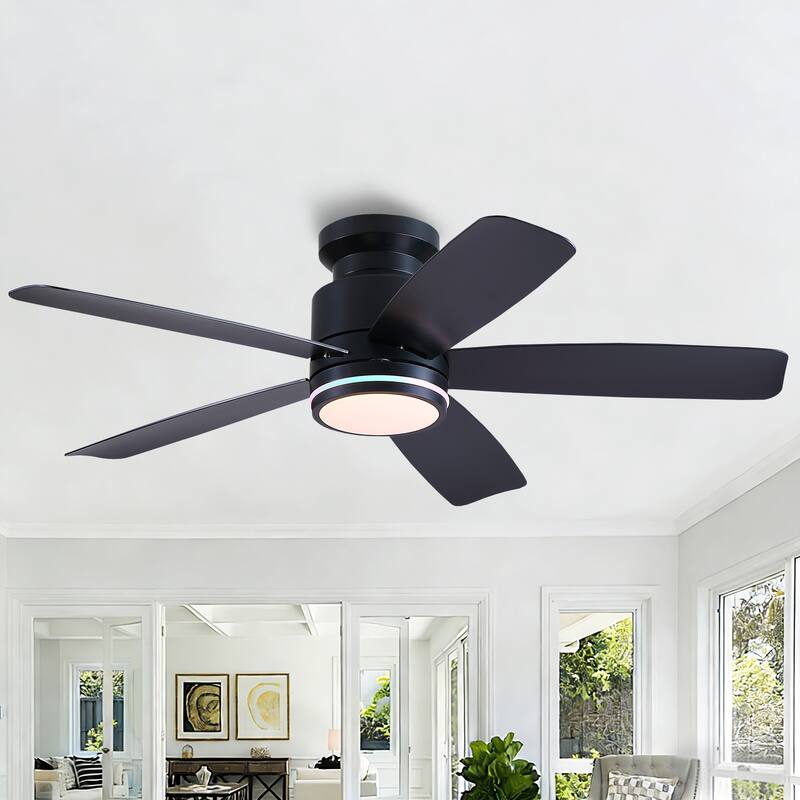 41 and 46 Inches Flush Mount Ceiling Fan with Light and Remote - 46 Inches - Black-RGB