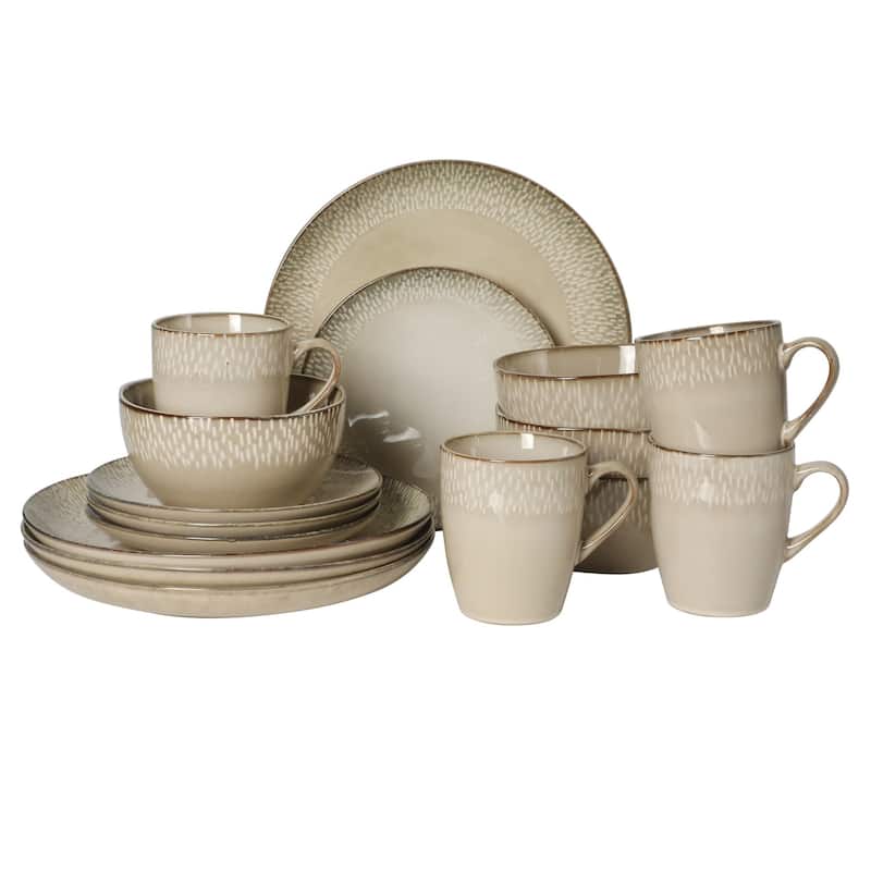 Gibson Elite Jasper 16 Piece Plates and Bowls Reactive Glaze Dishes Stoneware Ceramic Dinnerware Set - Service for 4 - Off-White