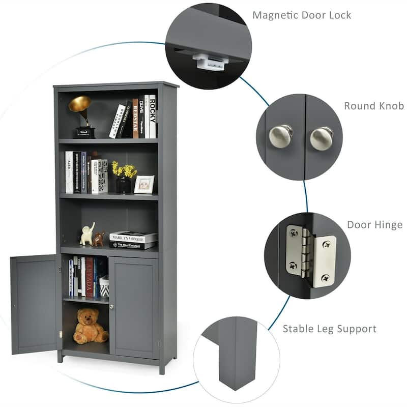 Bookcase Shelving Storage Wooden Cabinet Unit Standing Display Bookcase with Doors - 29" x 14" x 72" (L x W xH)