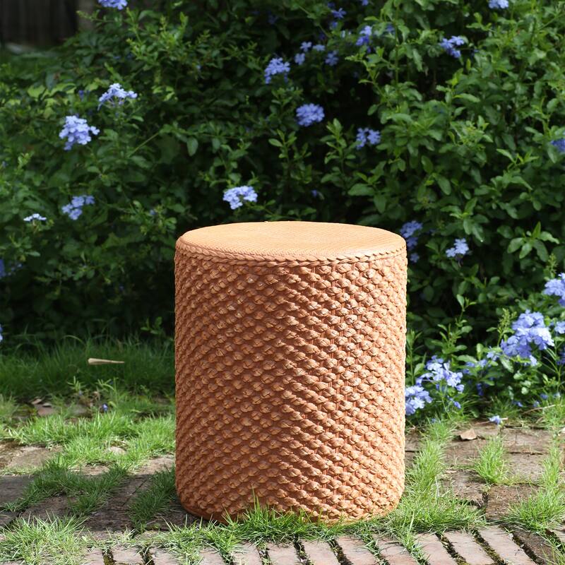 Roomfitters Evie Outdoor Round Side Table with Faux Rattan Weave Texture, Weather Resistant MGO, Brown