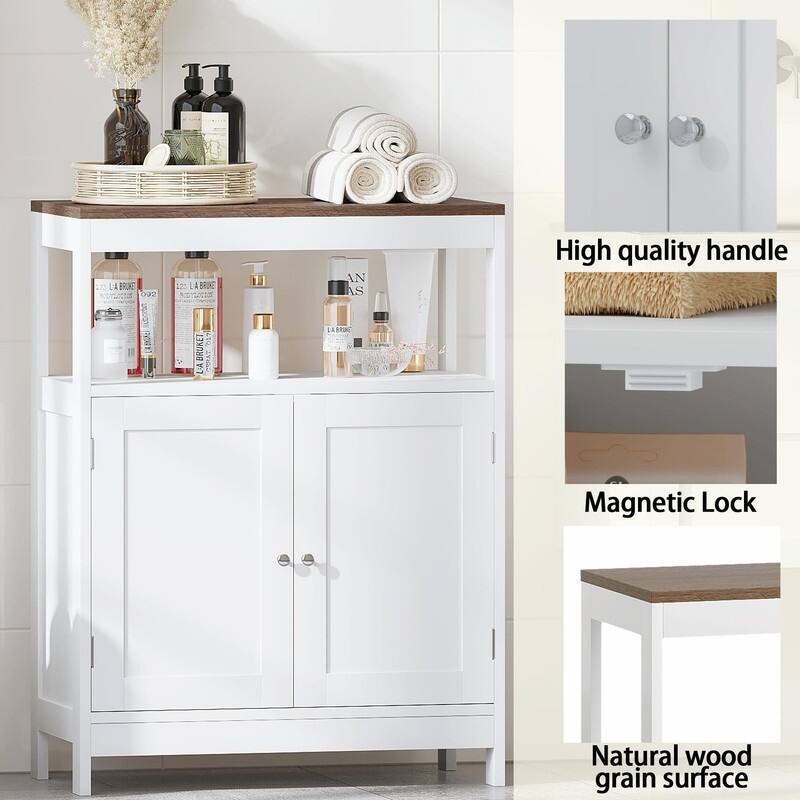 Modern Storage Cabinet with Double Doors, Freestanding Wood Organizer with Open Shelf and Natural Wood Top