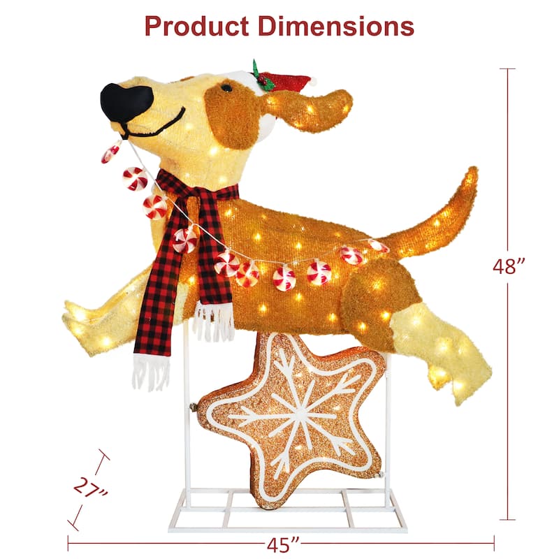 Puleo International 4' Pre-Lit Outdoor Puppy Christmas Holiday Decor with 144 Warm White Twinkling LED Lights - Brown