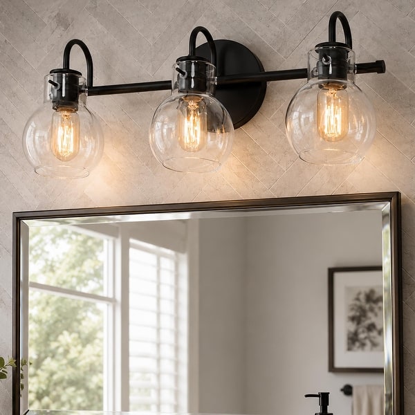 slide 2 of 27, Olia Modern Black 3-Light Bathroom Vanity Light Minimal Globe Glass Wall Sconce