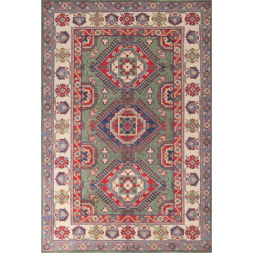 Green Kazak Area Rug Hand-Knotted Wool Carpet - 6'5" x 9'8"