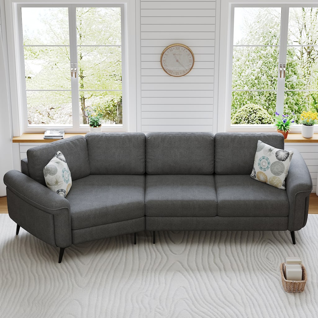 111" Chenille Curved 3-Seater Sofa with Removable Patterned Pillows