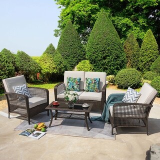 Brown Wicker Rattan 4-piece Outdoor Conversation Set