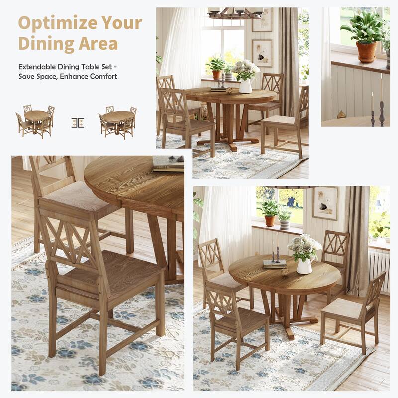 Rustic 5-Piece Extendable Dining Table Set Round Trestle Table and 4 Cross Back Dining Chairs for Kitchen, Dining Room,