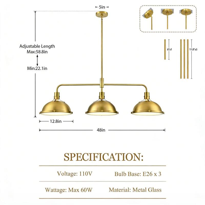 3-Light Farmhouse 3-Light Dome Chandelier Metal Pendant Light