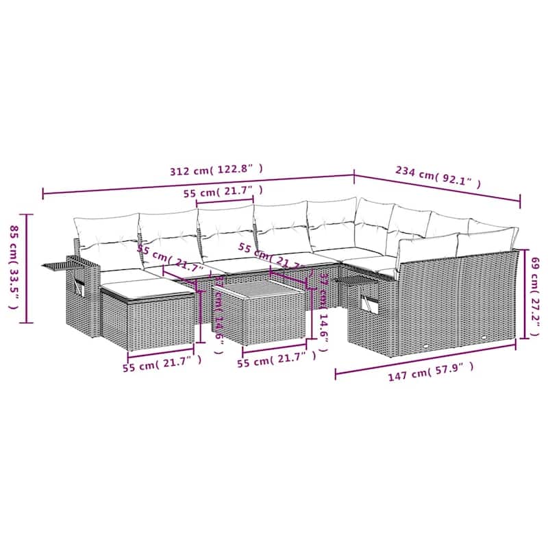 vidaXL 11 Piece Patio Sofa Set with Cushions Black Poly Rattan - 24.4" x 24.4" x 27.2"