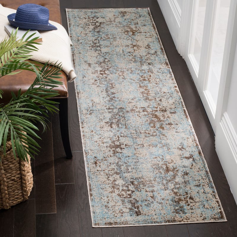SAFAVIEH Vintage Distressed Boho Persian Sînziana Oriental Polyester Rug - 2'2" x 12' Runner - Brown/Light Blue