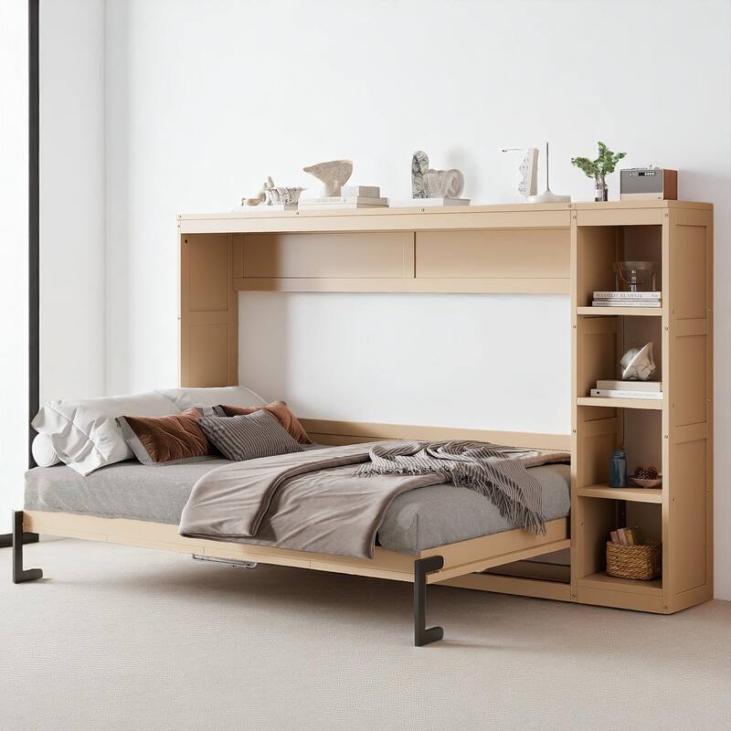 Foldable Full Murphy Bed with Side Bookshelves, Storage Rack and Slat Support, Space Saving Design