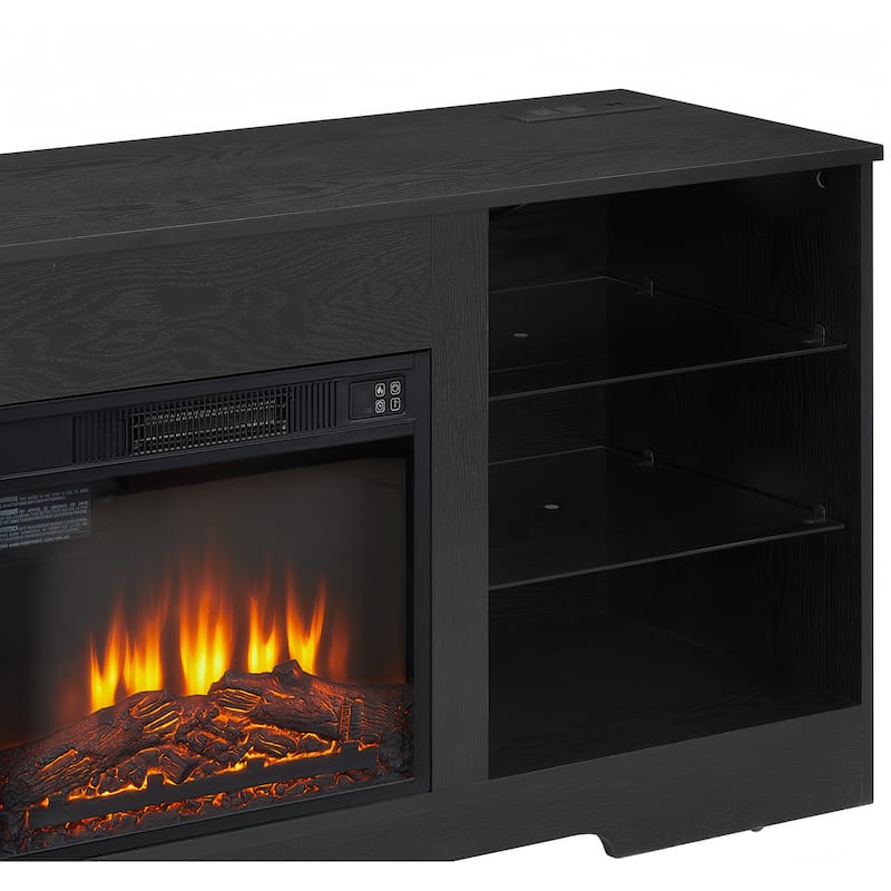 Black 58" Fireplace TV Stand with LED, Glass Shelves & USB for TVs Up to 62"