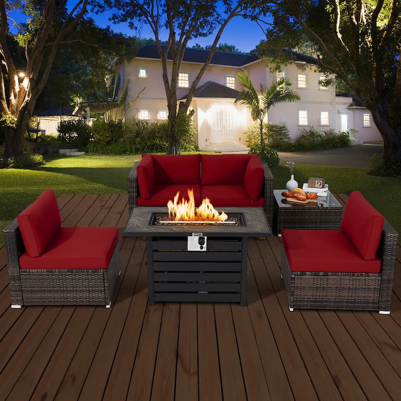 Costway 6PCS Patio Rattan Furniture Set 42'' Fire Pit Table Cover Sofa - See Details