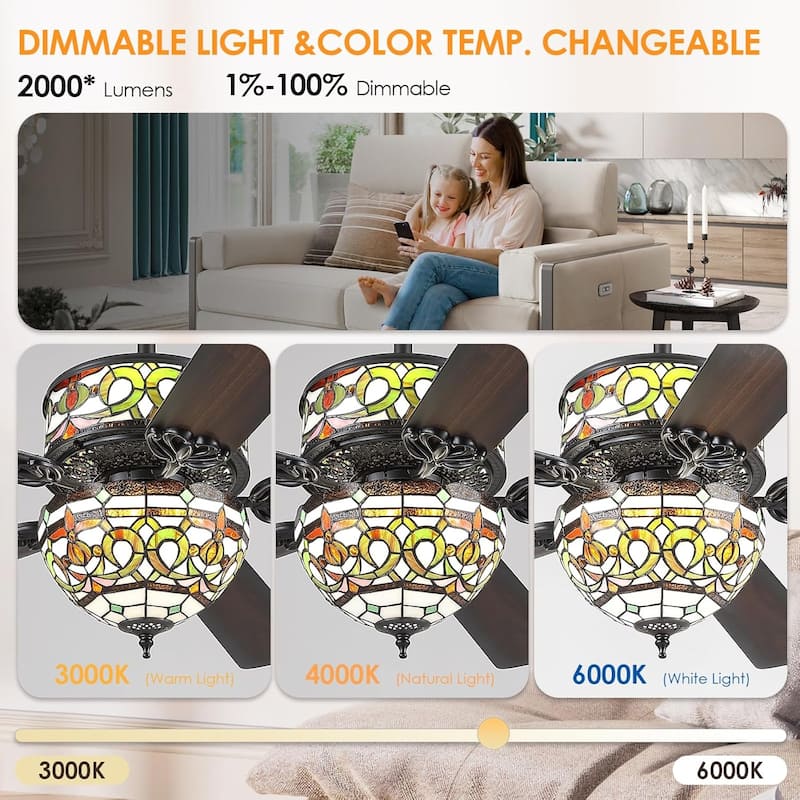 50" TiffanyTropical Ceiling Fan with 5 Palm Leaf Bllades and Vintage Cover Waterproof for Indoor and Outdoor Patio