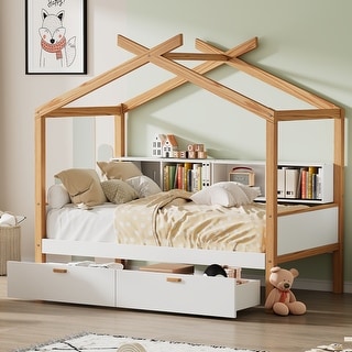 White Twin Size Wooden House Bed with Storage Bookshelf Original Wood Colored Frame with Two Drawers for Children or Guest Room