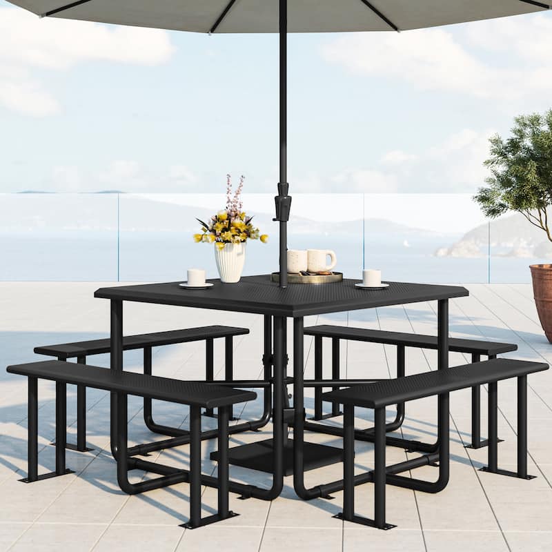 Outdoor 46'' Square Top Picnic Table with Umbrella Hole - Black