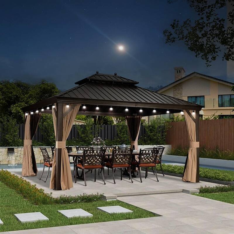 PURPLE LEAF Outdoor Gazebo Aluminum Frame Galvanized Steel Hardtop Gazebo with Bulbs - 10ft x 14ft - Beige