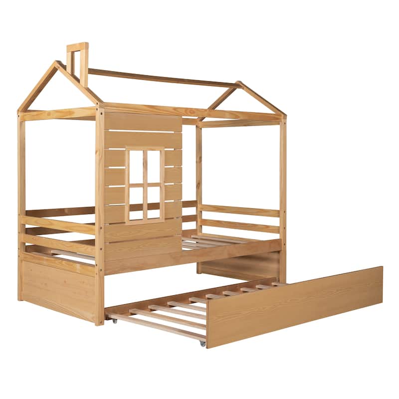 Twin House Bed with Twin Trundle, Wooden Bed for Kids with Guardrails, Playhouse Design, Easy Assembly