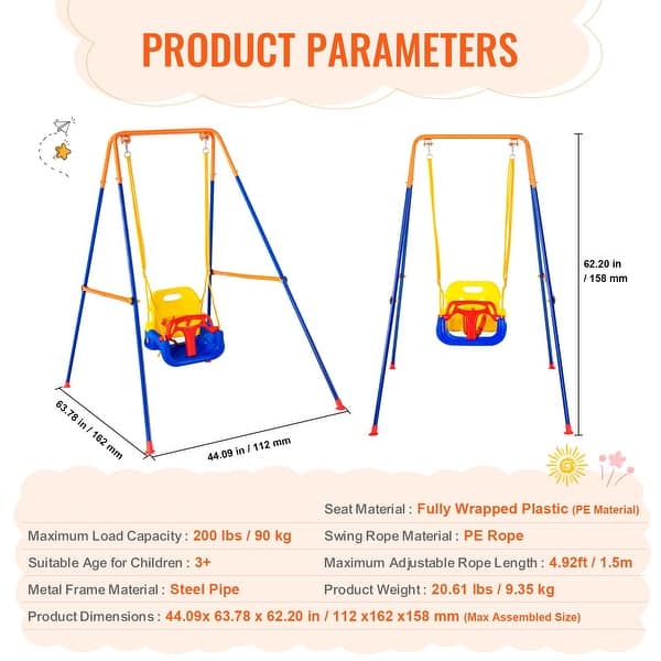 dimension image slide 1 of 2, 3 in 1 Outdoor Swing Sets with 4 Foldable Sandbags and Removable Seat Perfect Gift for Kids - 44.09"L x 63.76"W x 62.20"H