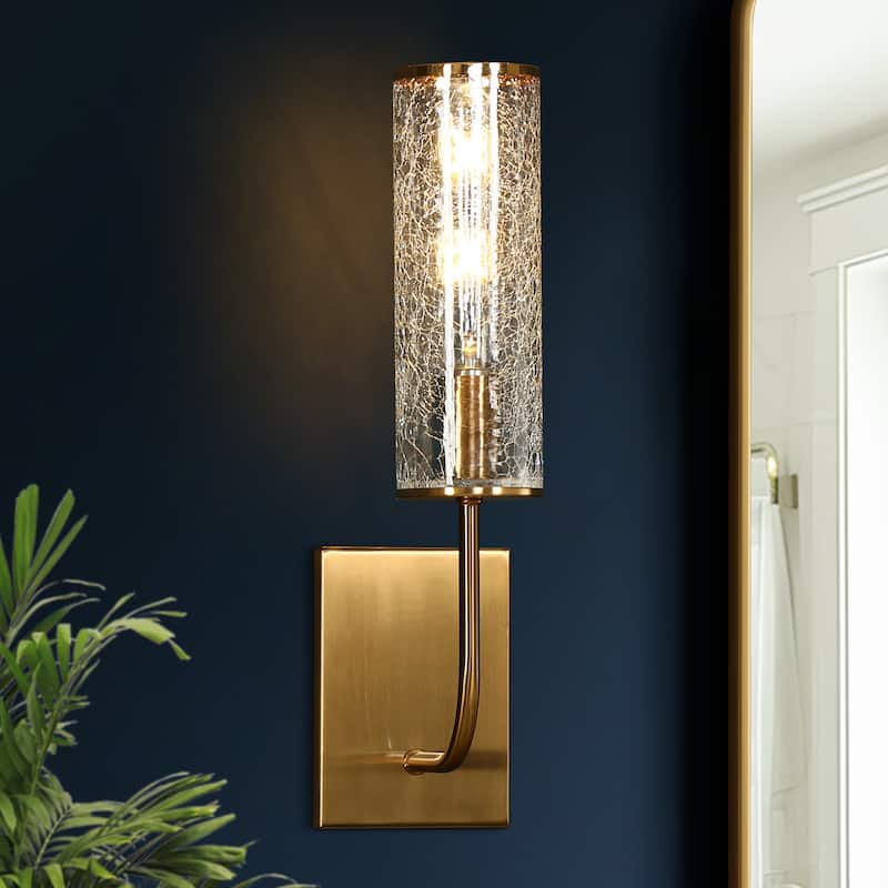 Modern Gold 1-Light Cylinder Glass Wall Sconce Bathroom Vanity Light - W 4.3" x H 16.7" x D 7.1"