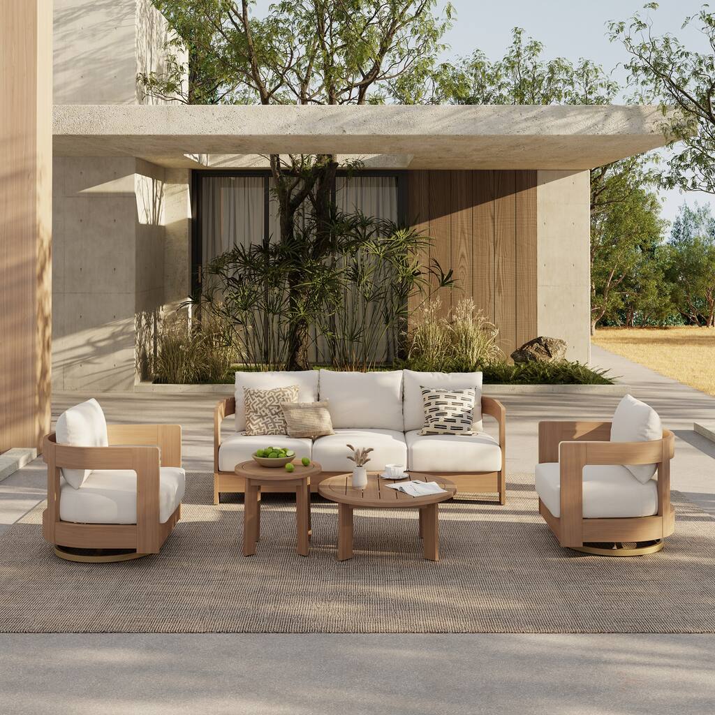 Outdoor 5-Piece Conversation Set Sofa and Swivel Chair with Coffee Table in Eucalyptus Wood