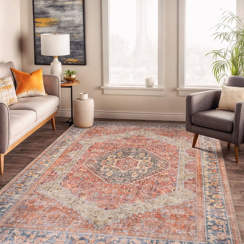 Beige Medallion Flat Pile Washable Rug - Pet Friendly, Non-Slip for Entryway and Bedroom - Red - 5' x 7'