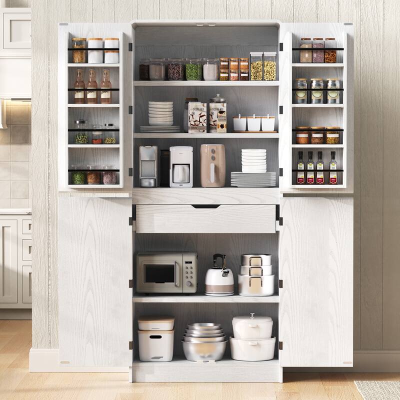 Farmhouse Kitchen Pantry Cabinet Storage Cupboard with 8 Door Shelves, 3 Adjustable Interior Shelves, Hidden Drawer
