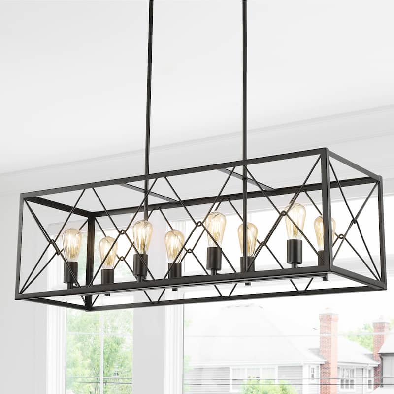 Ferme 30" 5-Light Adjustable Iron Farmhouse Industrial LED Dimmable Pendant, Oil Rubbed Bronze by JONATHAN Y - 8 Light