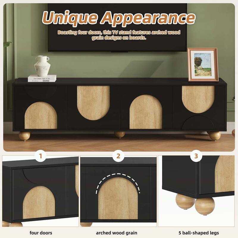 Farmhouse Media Console Table with Rebound Device,5 Solid Wood Legs