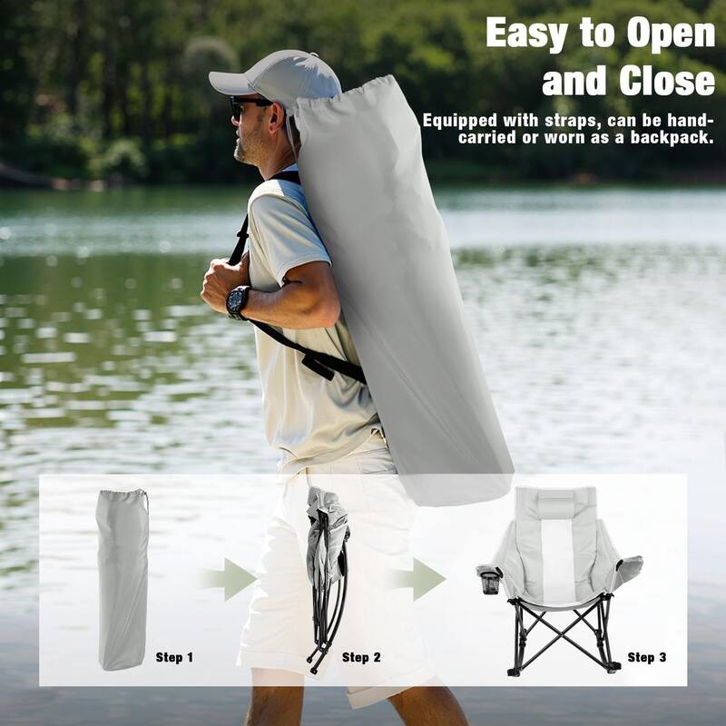 BOSSIN Heavy-Duty Oversized Rocking Camp Chair, Portable Folding w/Cup Holder, Cooler & Pocket for Camping, Beach, Backyard