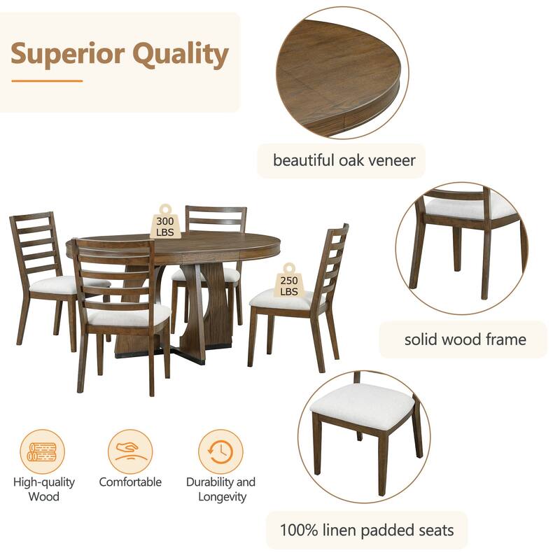 5-Piece Round Extendable Dining Table Set with Removable Leaf, 4 Chair
