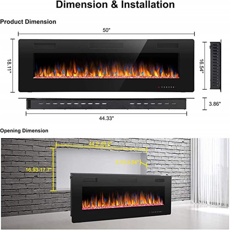 30"-60" Recessed and Wall Mounted Electric Fireplace,750-1500W
