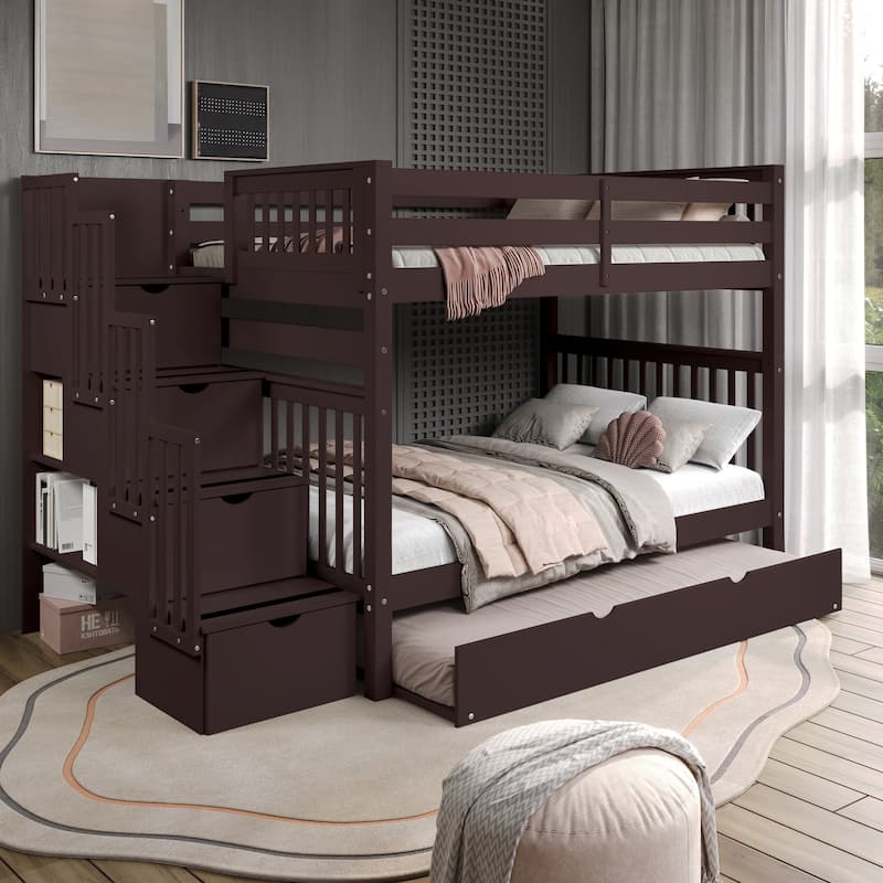 Taylor & Olive Trillium Full over Full Stairway Bunk Bed, Twin Trundle - Dark Cherry