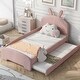 preview thumbnail 1 of 6, Pink+Trundle Chenille Upholstered Twin Platform Bed, Cartoon Ears Headboard, Guardrail