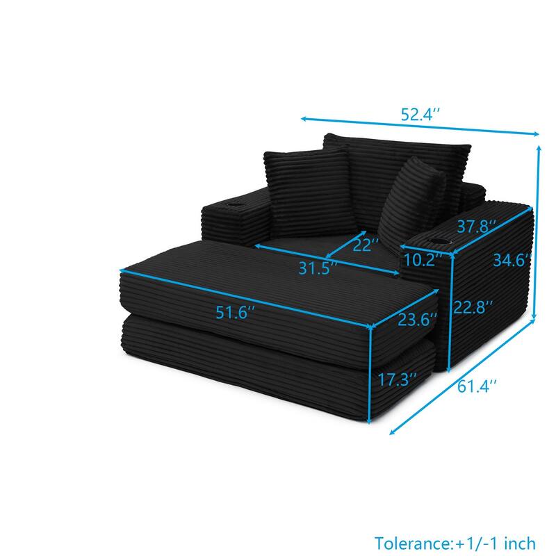 52.4" Boneless Chaise Lounge Chair, Corduroy Modular 3 in 1 Sofa Bed, Cloud Sleeper for Living Room Bedroom