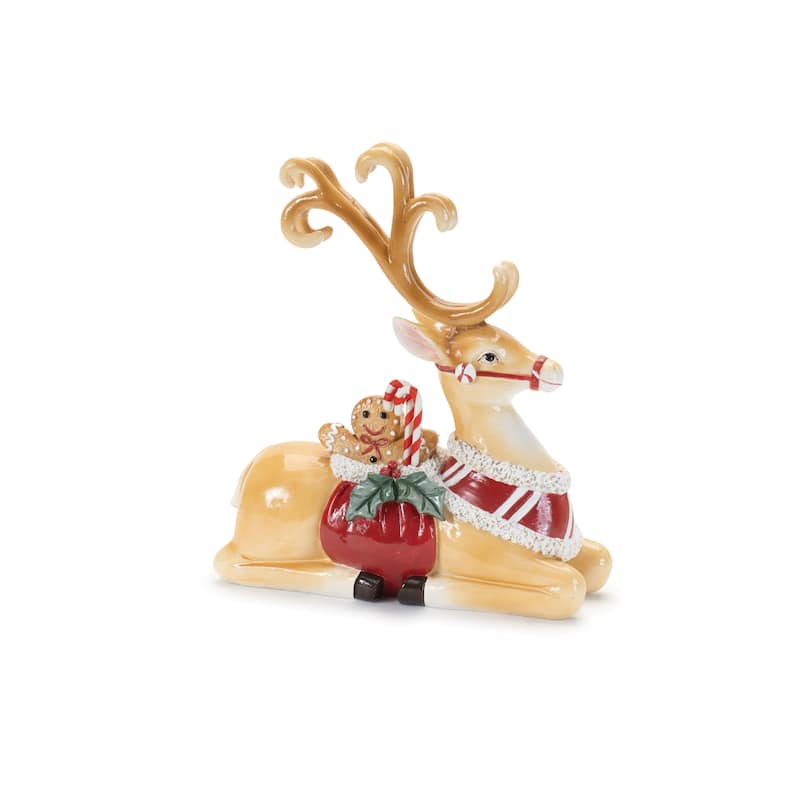 Set of 2 Festive Holiday Polyresin Reindeer Figurines with Red and Green Accents for Christmas Decor - 7.75”L x 3”W x 12.5”H