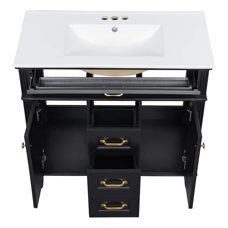 GDF Studio - Sunny Modern Solid Wood + MDF 36-Inch Bathroom Vanity with Ceramic Sink and Flip-Out Drawer