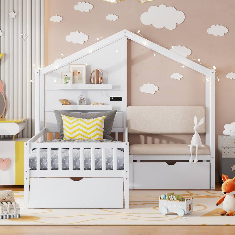 Twin Size House Bed with Upholstered Sofa, Charging Station, Wireless Charging, Shelves, and Drawers