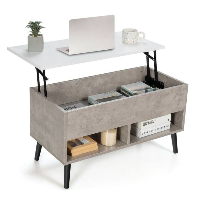 31.5 Inch Lift Top Coffee Table with Hidden Compartment and 2 Storage Shelves - 31.5" x 15.5" x 17.5" (L x W x H) - Grey