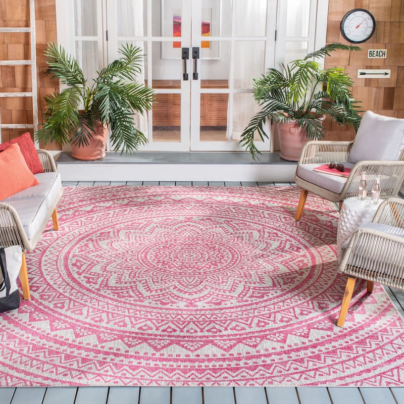 SAFAVIEH Courtyard Fran Mandala Indoor/ Outdoor Waterproof Patio Backyard Rug - 8' x 11' - Light Grey/Fuchsia
