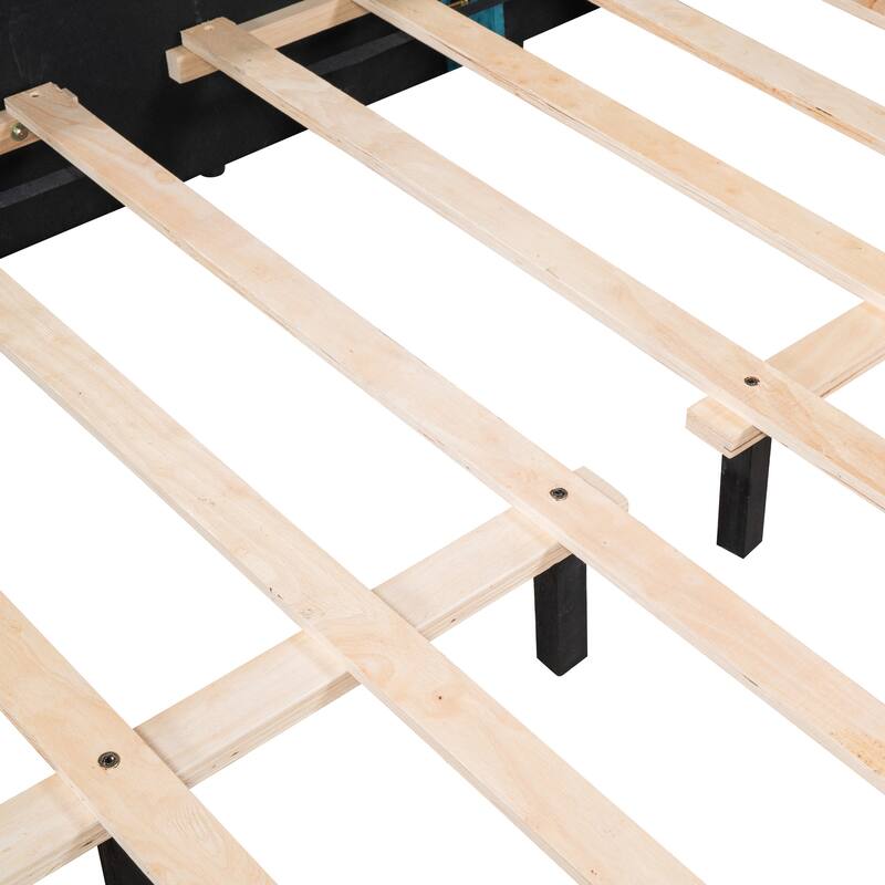 Queen Size Velvet Platform Bed with Wingback Headboard, Storage Drawer, and Side Stools